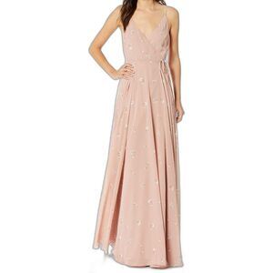 Jenny Yoo Floor-Length Wrap Dress in Dusty Pink with Dainty Floral Print